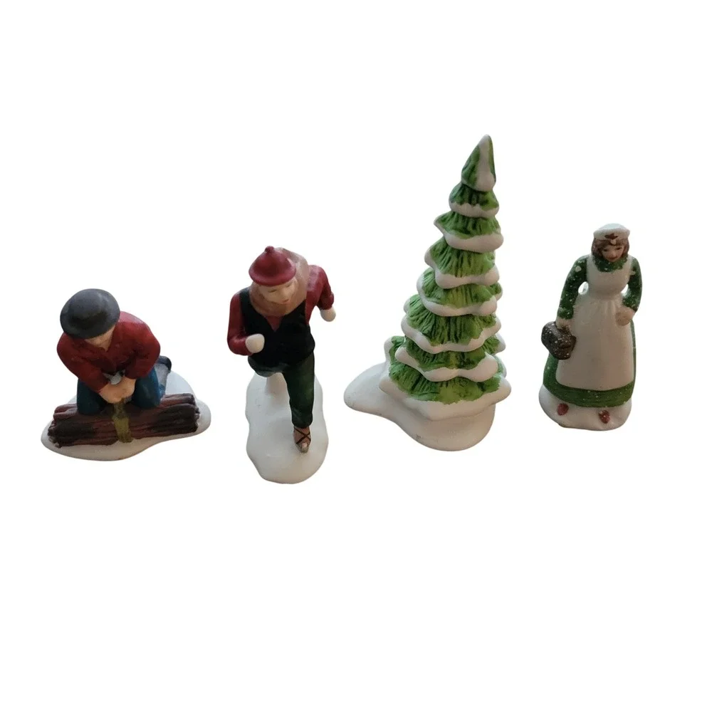 Vtg Dept 56 Ceramic Christmas Village Figurines Tree Wood Chopper Skater‎ Woman